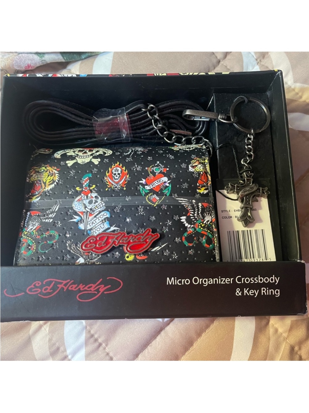 Ed Hardy Black Tattoo-Print Micro Organizer Crossbody with Key Ring